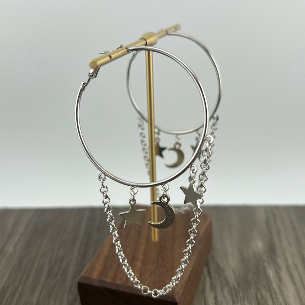 Silver Hoop Earrings with Star and Moon Charms